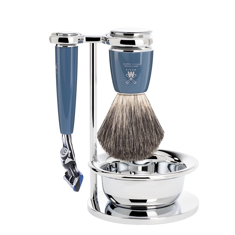 MUHLE RYTMO Badger Brush and Fusion Razor Set in Petrol Blue with Bowl